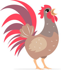 Farm Animals. Cute farm. A beautiful rooster sings on the grass on a white background. Collection of farm animals. Baby flat vector illustration.