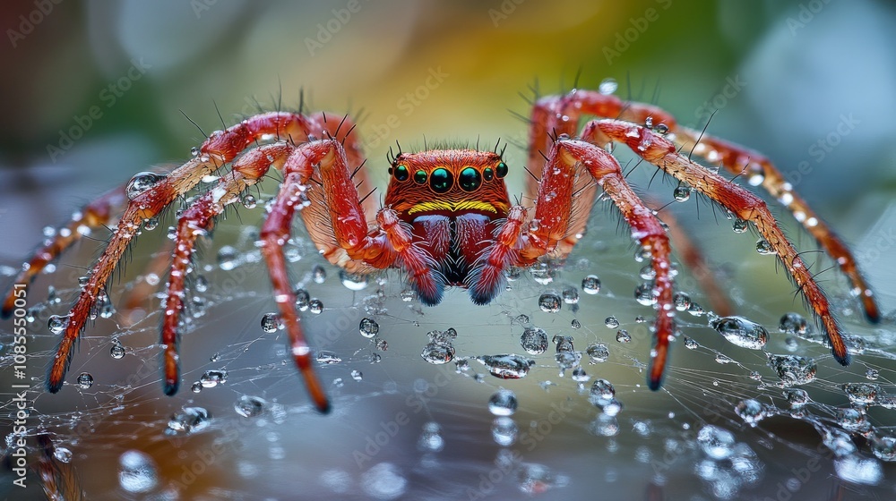 Aufkleber close-up of a colorful spider on a web with dew drops, capturing the intricate details and vibrant c