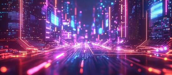 Naklejka premium Futuristic cityscape with neon lights and technology.