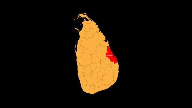 Batticaloa map animated video. The location is highlighted on the Srilanka map. Colour map with transparent background in video format.