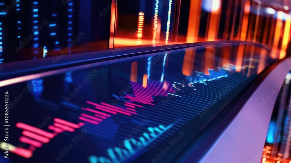 Poster abstract financial data visuals with colorful graphs and lines representing stock market trends and 