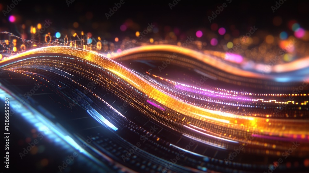 Poster abstract colorful wave of light with glowing particles and vibrant neon colors creating a dynamic, f
