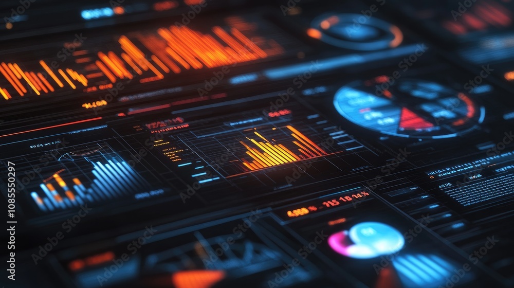 Poster futuristic digital data visualization display with colorful graphs and charts for business analytics