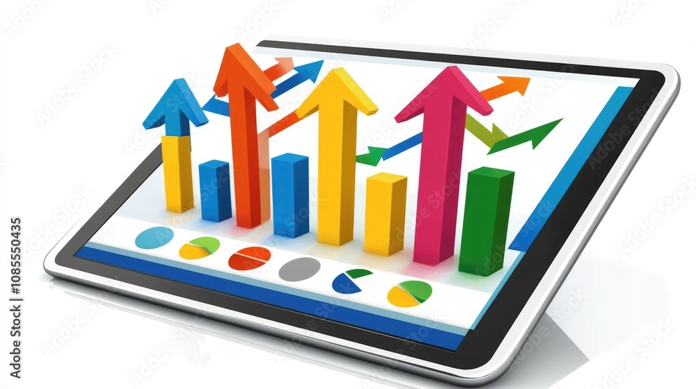 Poster graphical representation of business growth on tablet display featuring colorful bar charts and arro