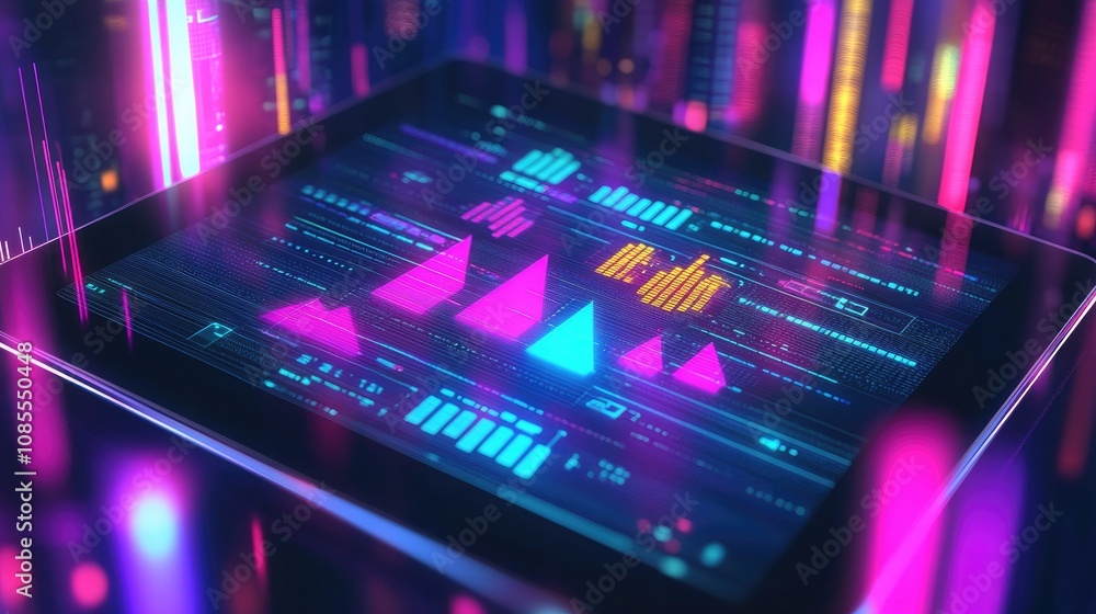 Poster abstract digital data visualization on a tablet screen with neon colors and futuristic elements for 