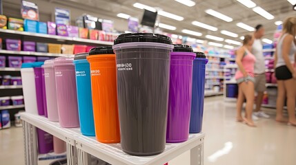 Plastic bins of varying dimensions stacked attractively in a container shop aisle