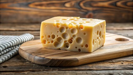 A Close-Up of a Block of Swiss Cheese on a Wooden Cutting Board, Set Against a Rustic Wooden Background with a Striped Cloth Nearby