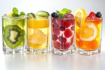 Colorful fruit-infused drinks in clear glasses.