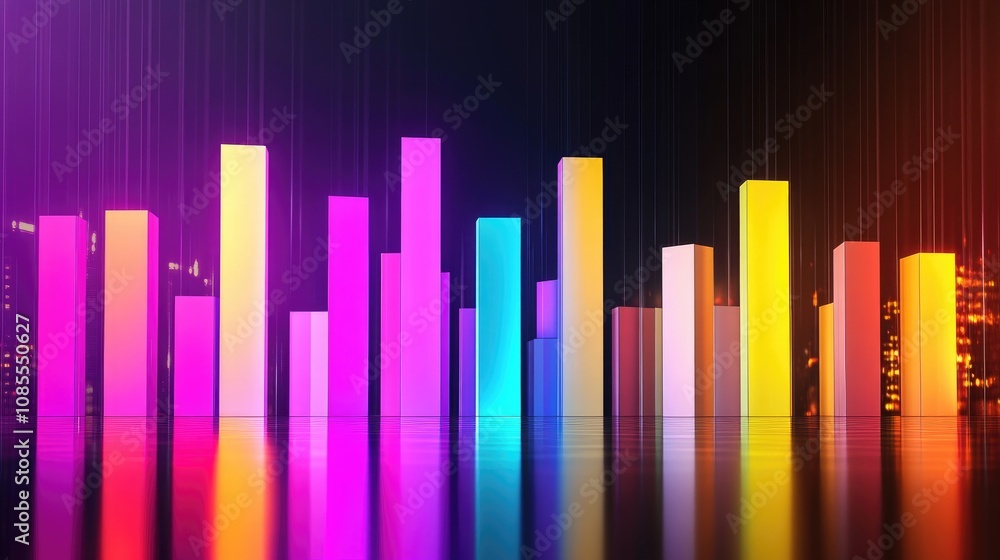Poster colorful abstract 3d bar graph visualization with neon effect and reflective surface displaying data