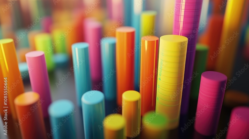 Poster colorful abstract three-dimensional chart displaying data progression with cylinder shapes in vibran