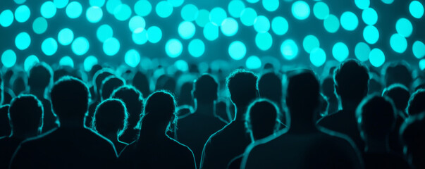 Music festival schedule concept. Crowd of people illuminated by blue lights at festival event