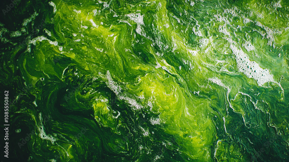 Poster swirling green liquid with bubbles creating an abstract pattern in bright daylight