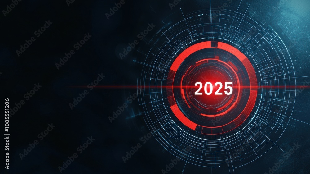 Poster a futuristic digital display featuring the year 
