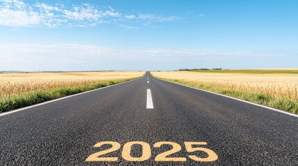 A long, empty road stretches into the distance, marked with the year "2025," flanked by golden fields under a clear blue sky.