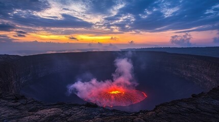 Fototapeta premium Majestic Volcanic Eruption at Sunrise Showcasing Orange Lava Flow and Dramatic Sky in Early Morning Light Above Crater Rim