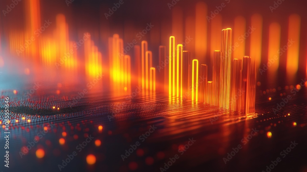 Poster abstract digital background with glowing orange and yellow sound waves, representing audio visualiza