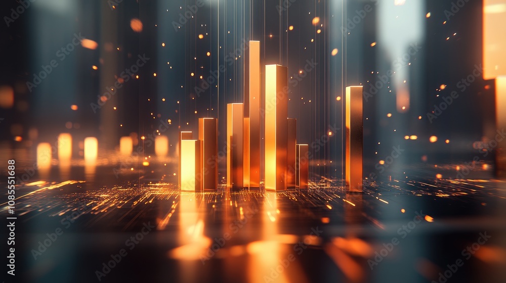 Poster futuristic data visualization with vibrant orange bar graphs illuminating a dark cityscape in 3d ren