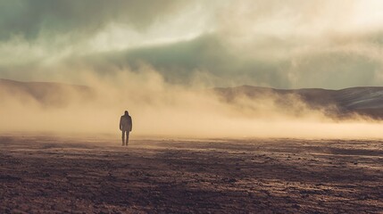 Solitary Figure Braving the Vast Desolate Desert Landscape