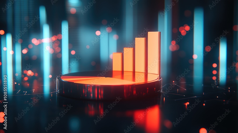 Poster futuristic data visualization with rising bar graph and circular base displaying growth trends in di