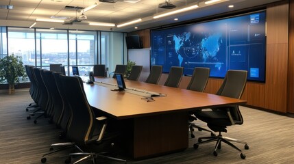 Modern conference room with technology setup.