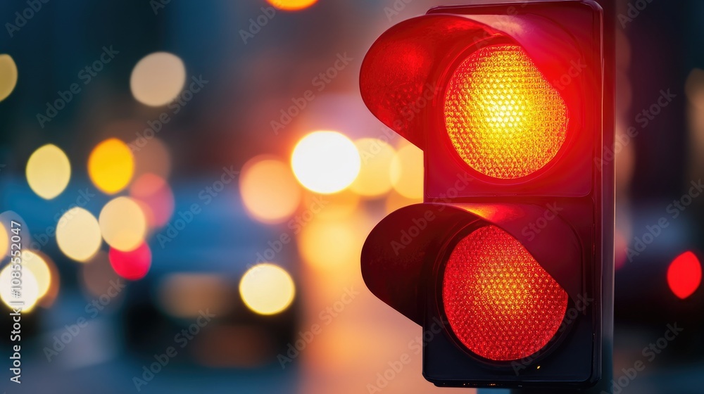 Poster traffic light glowing red on a busy street with blurred car lights in the background creating a dyna