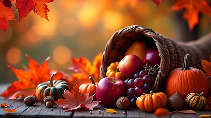 Thanksgiving inviting atmosphere with fall leaves and a wooden table