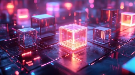Futuristic glowing cubes in a digital landscape.