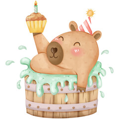 Cartoon capybara on birthday party, hand drawn watercolor