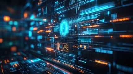 Digital interface with glowing data patterns.