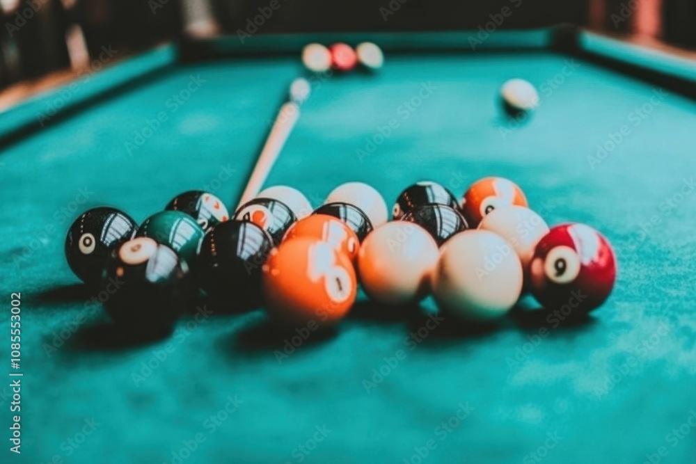 Poster a close-up of a pool table with a cue stick and a rack of balls.