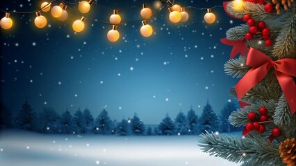 Christmas Night with String Lights and Winter Forest