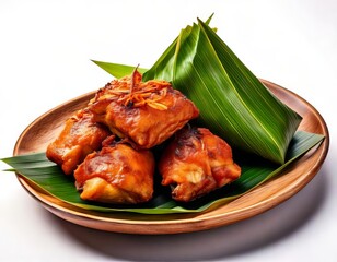 Delicious traditional dish served on a wooden plate with fresh greens.