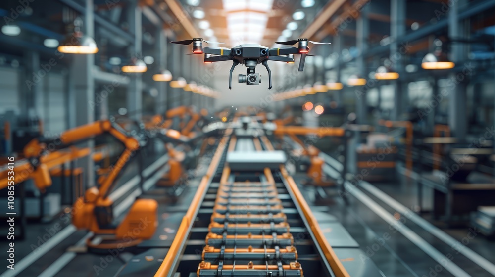 Poster high-tech drone logistics in a modern factory for automated parts transportation and efficiency