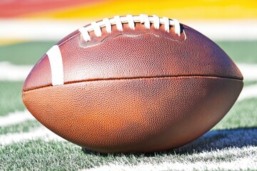 Fototapeta premium A close-up of a brown and white American football on a green field with white yard lines.