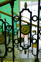 Beautiful wrought iron stair railings with distant view of wall and it