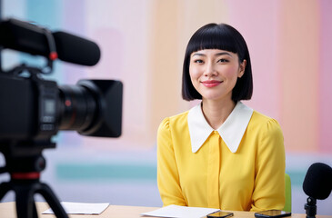 Smiling female news anchor in television studio , Asian female news anchor , AI Generative