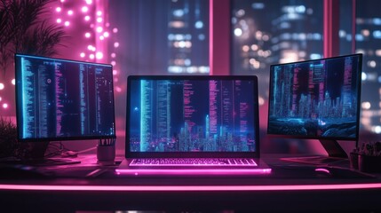 Fototapeta premium Futuristic workspace with glowing screens and code.