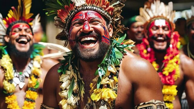 A man with a painted face and a lei is smiling