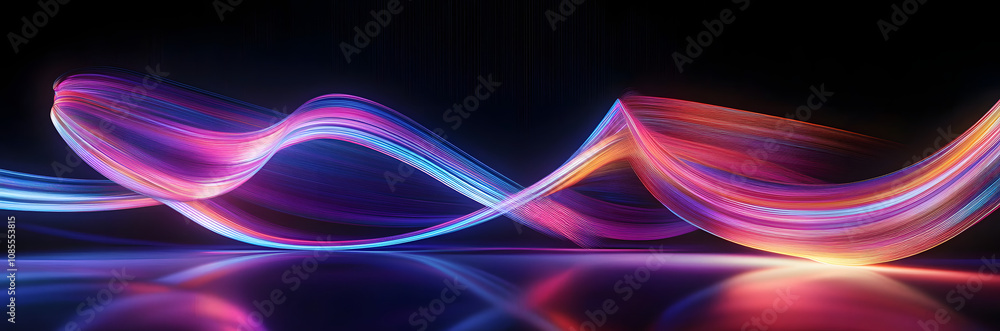 Poster 3d render. abstract panoramic background of looped dynamic neon lines glowing in the dark room with 