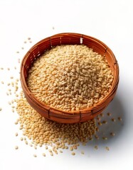 A close-up view of a wooden basket filled with sesame seeds on a white background.