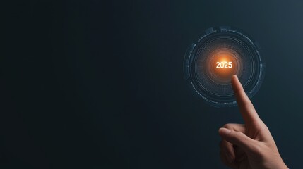 A hand reaches out to a glowing digital interface, symbolizing technology, connection, and interaction in a modern, abstract environment.