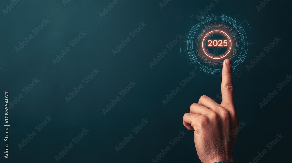 Poster a hand points at a glowing '2023' surrounded by digital particles, symbolizing technology and innova