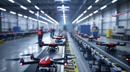 Obraz premium Efficient Drone Maintenance Area in High-Tech Warehouse with Technicians and Conveyor Belt