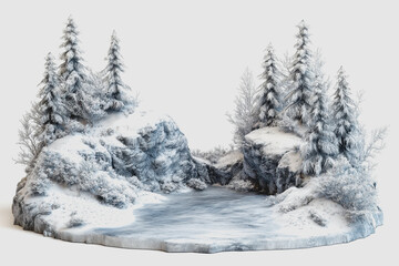 Naklejka premium Scenic Snowy Landscape Illustration Featuring Isolated Trees and a Serene Water Body on a Soft White Background, Perfect for Winter Themes and Artistic Projects