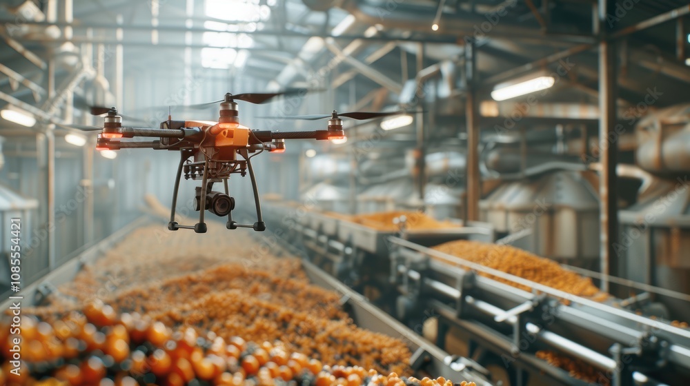 Poster advanced drone technology in agricultural processing and crop sorting innovation