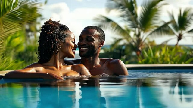 African couple in the pool Smile and have fun with friends.