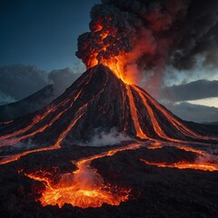 Artificial Volcano with Controlled Eruptions: An eruption in a peaceful park designed as a controlled environment for beauty and awe, with glowing lava flowing slowly.

