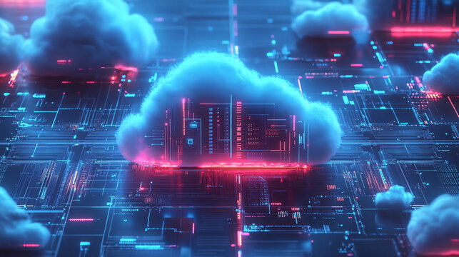 Digital informational technology web futuristic hologram with cloud icon, blue red light digits and code background, cloud computing. Abstract Motion of digital data flow.