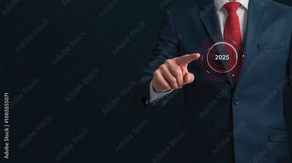 Poster a business professional in a suit presses a futuristic interface displaying the year 2025, symbolizi