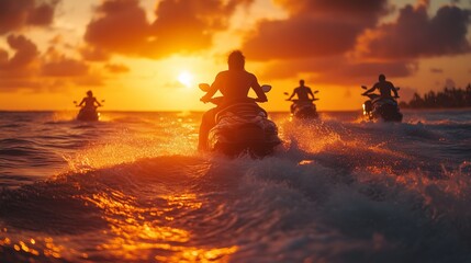 Energetic friends embrace the thrill of jet skiing during an awe-inspiring sunset over a tropical ocean, capturing the spirit of adventure, freedom, and camaraderie in an unforgettable moment.